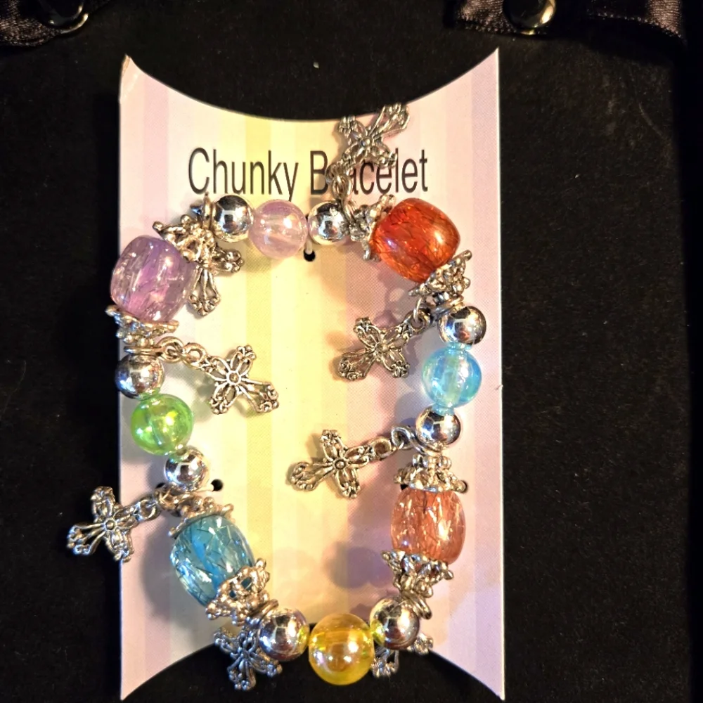Batch of 4 Kids Elastic Stretch Beaded Silvertone Bracelets, Play